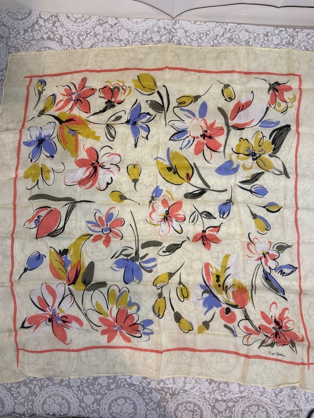 Pierre Cardin Floral Silk Scarf in Cream, Coral, Blue, Yellow